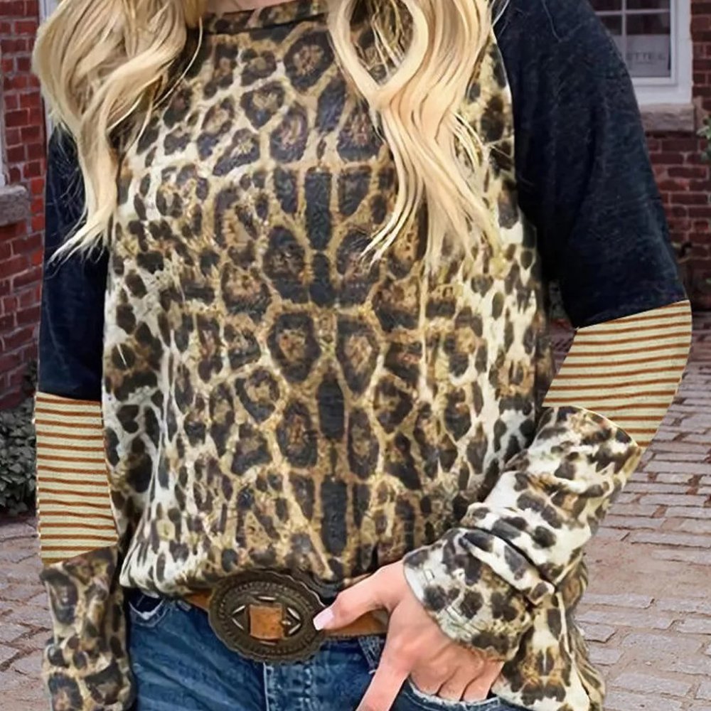 Leopard Striped Splicing Long Sleeve Tee - Picture 4 of 11